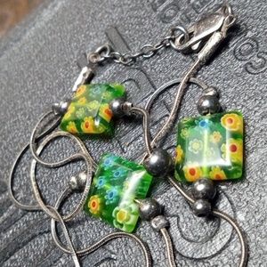 RARE Sterling Hand Painted Murano Glass Drop Necklace W/Sterling Ball Beads